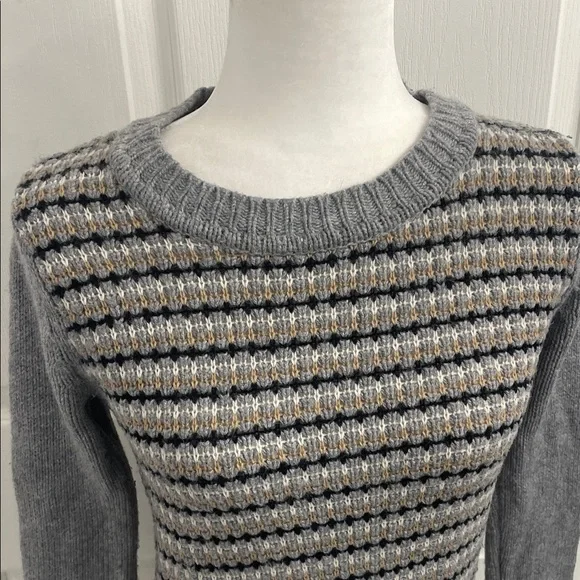 Boden Gray/BlackWhite/Tan Striped Sweater Wool Crew Neck Rib Cuffs & Hem Sz 2 - Picture 2 of 13